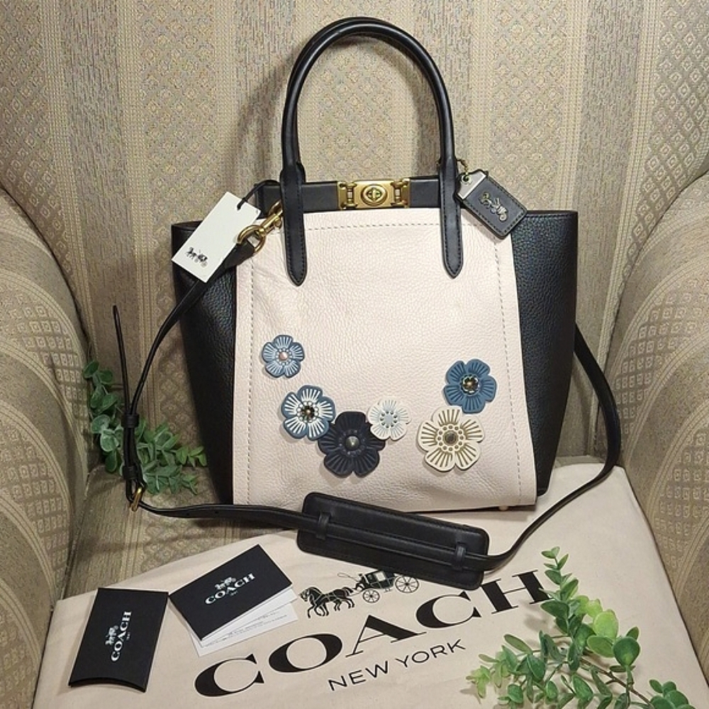 Coach Black and Cream Tote with Floral Accents